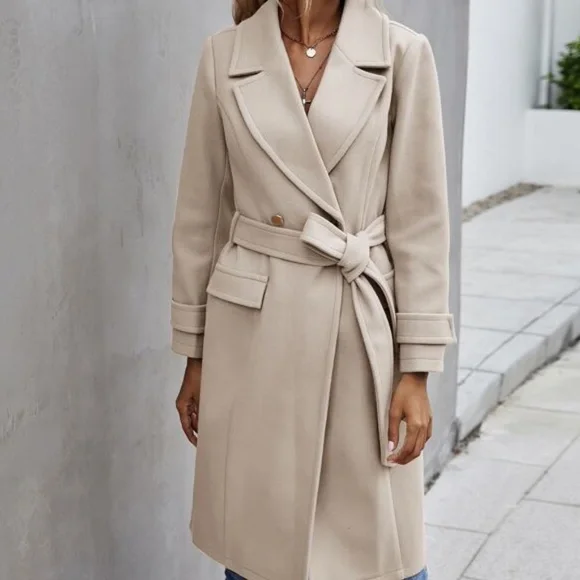 Cream Button up Trench Pea Coat Minimalist Classic - Picture 4 of 4